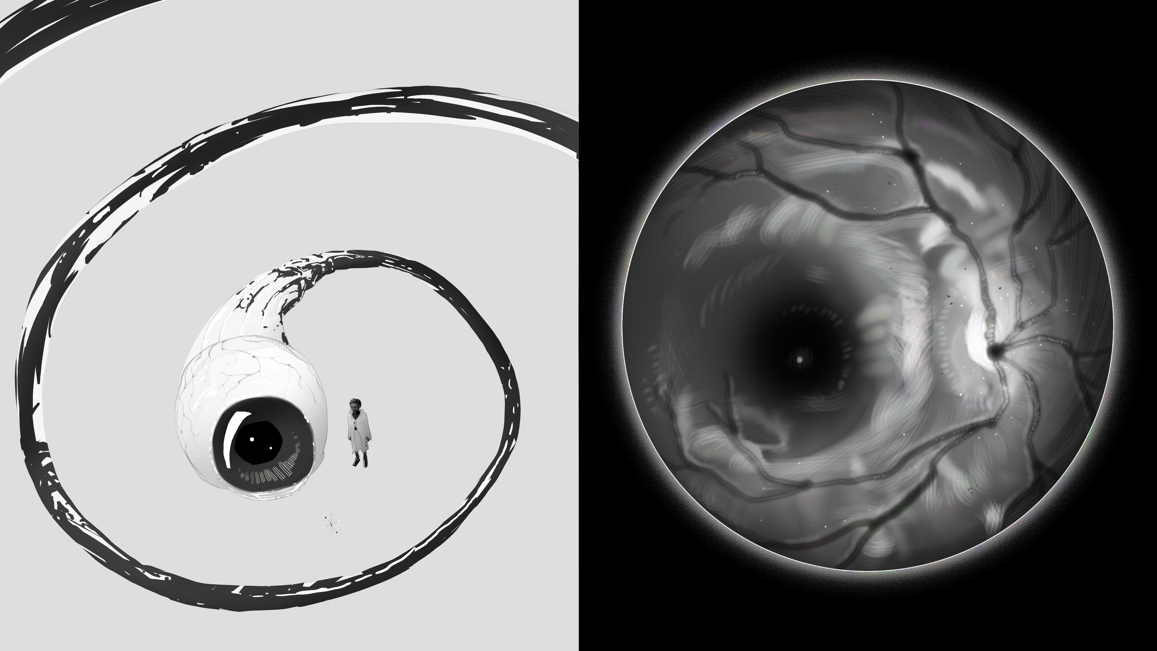 Two pictures: One is of a person standing next to a human-sized eye, and the other is of a lightly cloudy sky with veins.